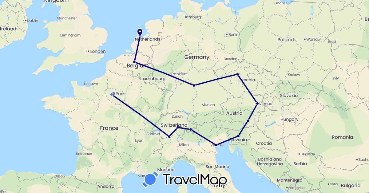 TravelMap itinerary: driving, cycling in Austria, Belgium, Switzerland, Czech Republic, Germany, France, Italy, Netherlands, Slovenia (Europe)